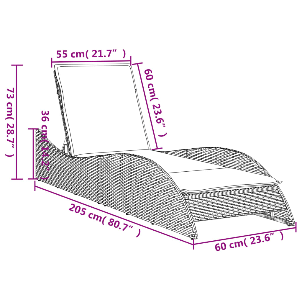 Lettino Prendisole con Cuscino Marrone 60x205x73 cm Polyrattan 368279