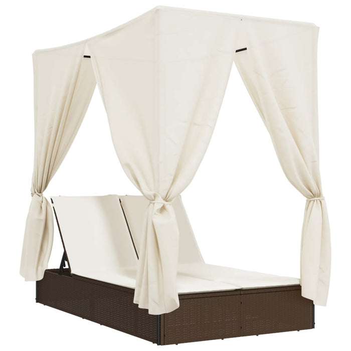 Lettino Prendisole con Tetto e Tende Marrone in Polyrattan 368073