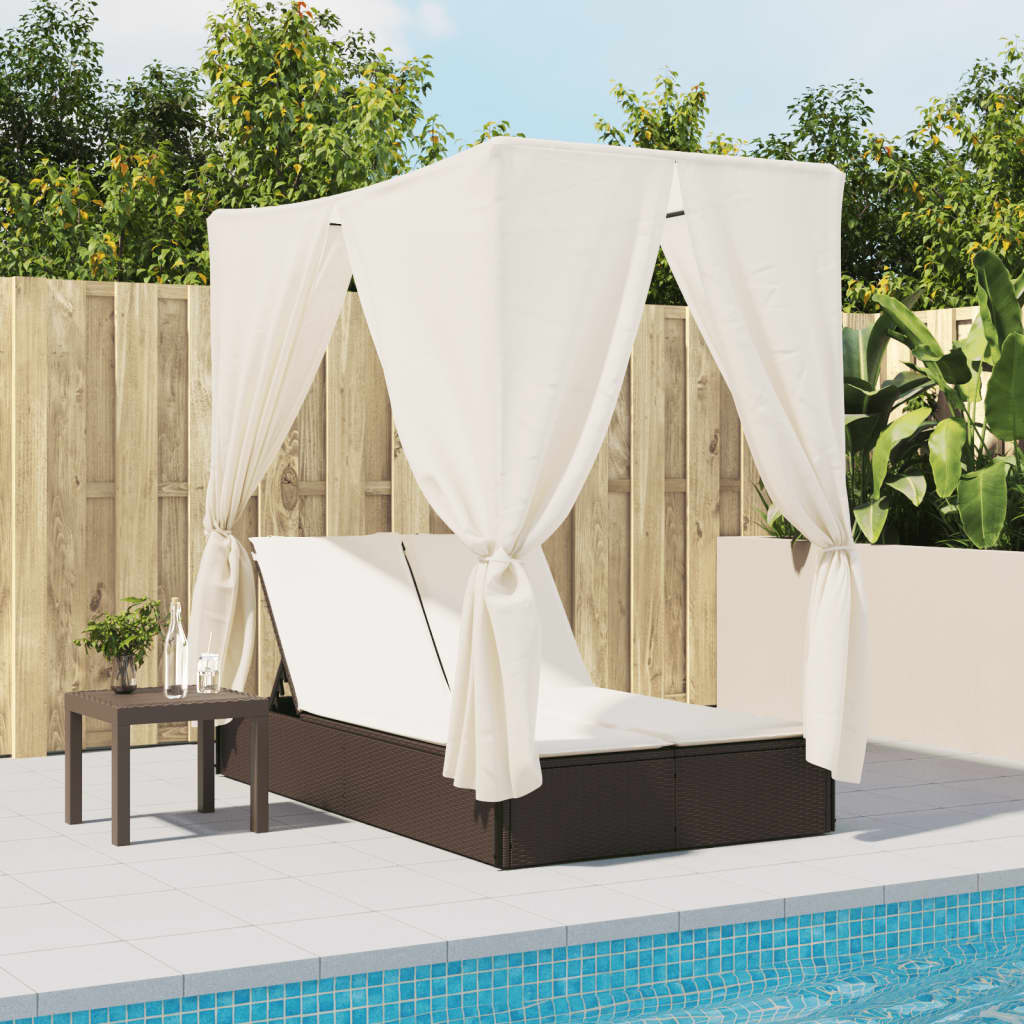 Lettino Prendisole con Tetto e Tende Marrone in Polyrattan 368073