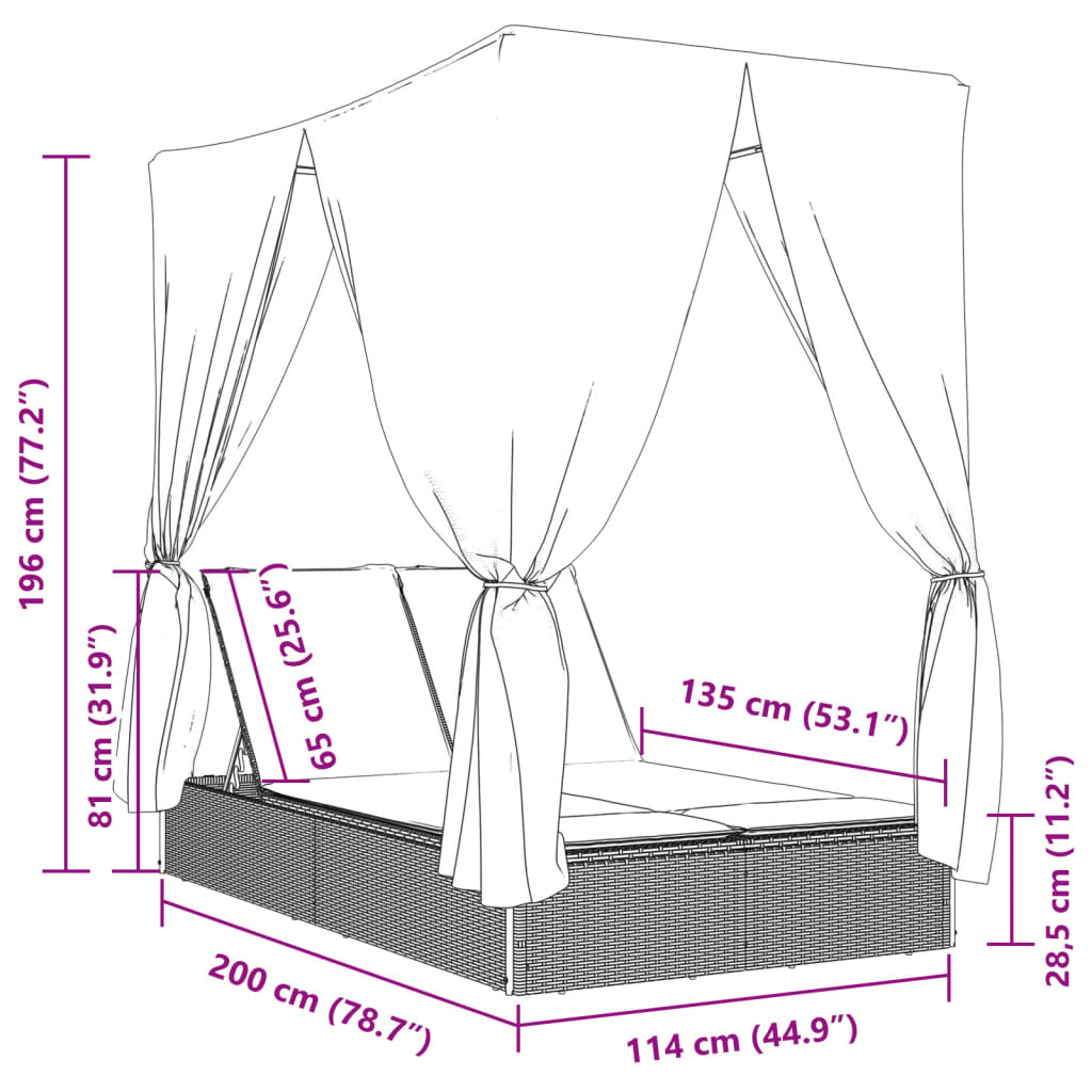 Lettino Prendisole Doppio Tetto e Tende Grigio in Polyrattan 368074