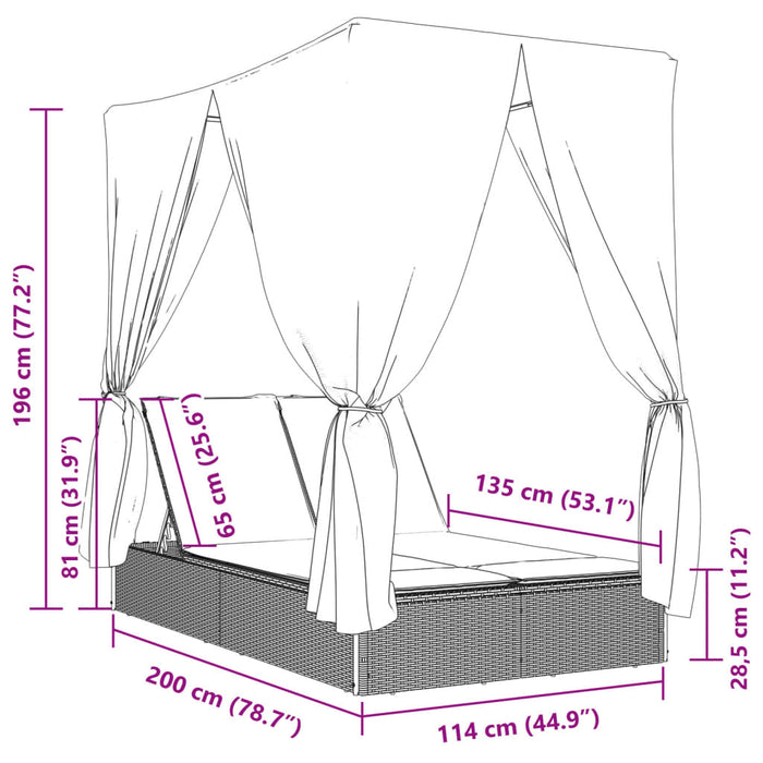 Lettino Prendisole Doppio Tetto e Tende Grigio in Polyrattan 368074