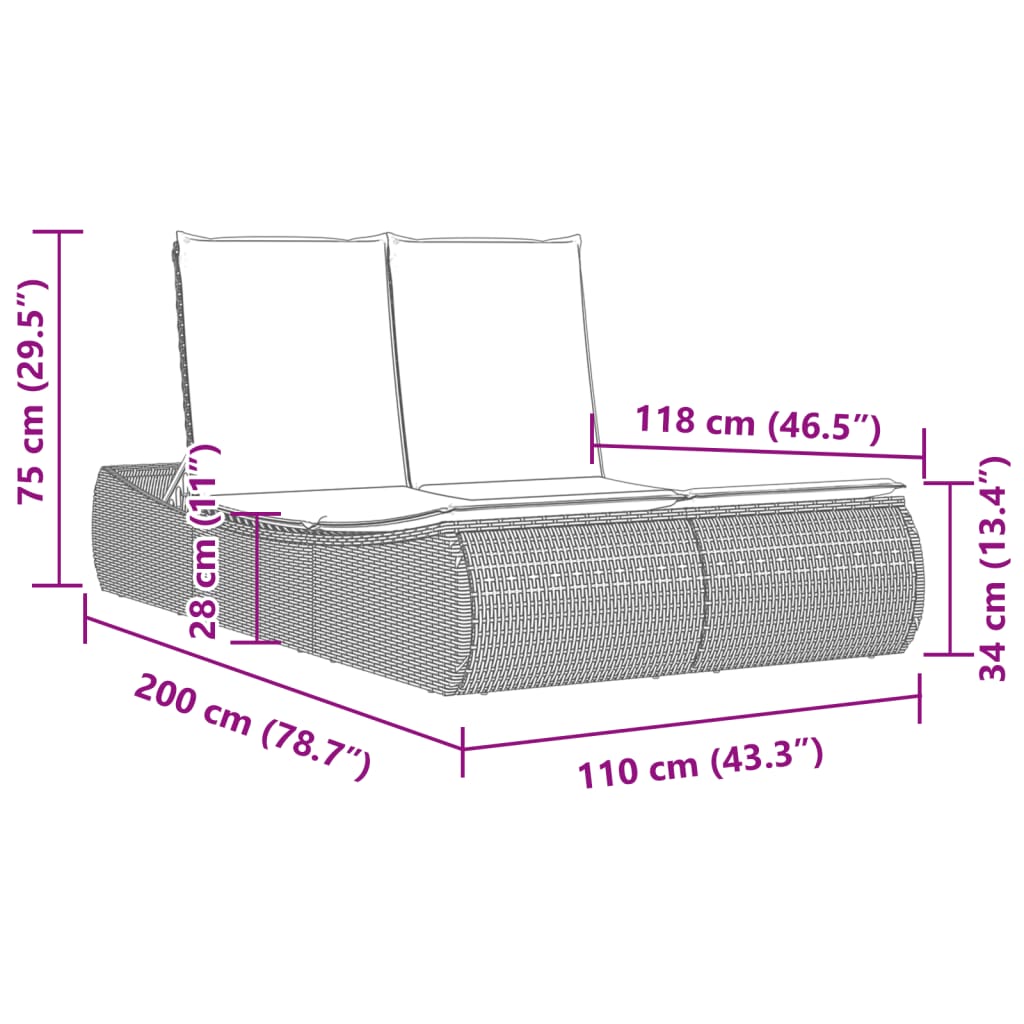 Lettino Prendisole Doppio con Cuscini Grigio in Polyrattan 368092