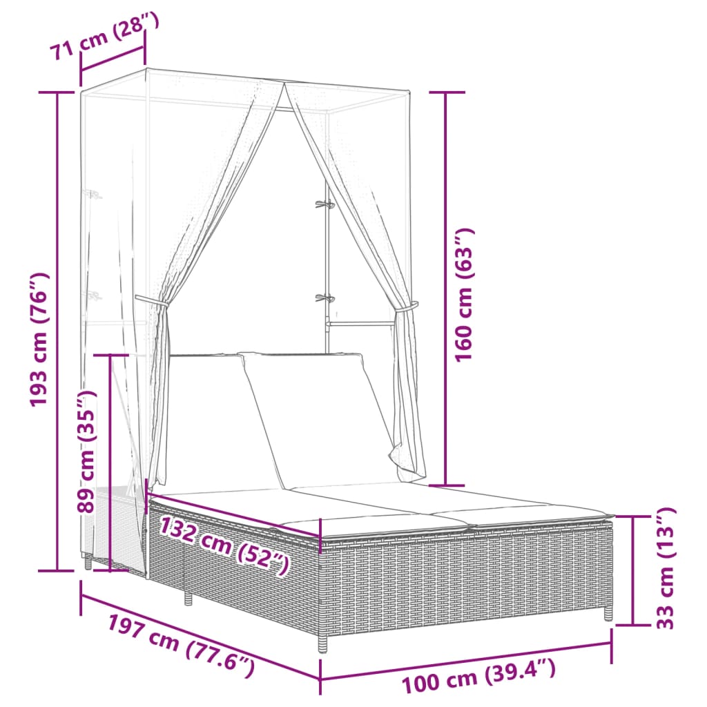 Lettino Prendisole Tetto e Tende Grigio Chiaro in Polyrattan 368104