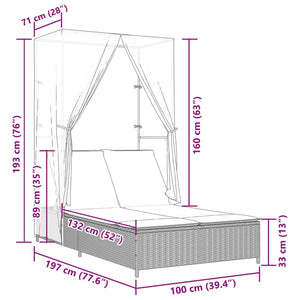 Lettino Prendisole Tetto e Tende Grigio Chiaro in Polyrattan 368104