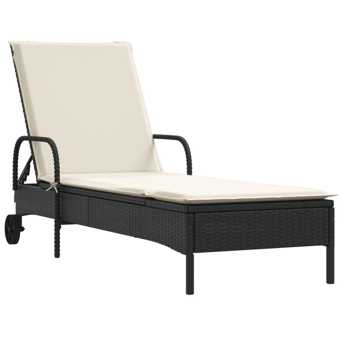 Lettino Prendisole con Ruote e Cuscino in Polyrattan Nero 368308