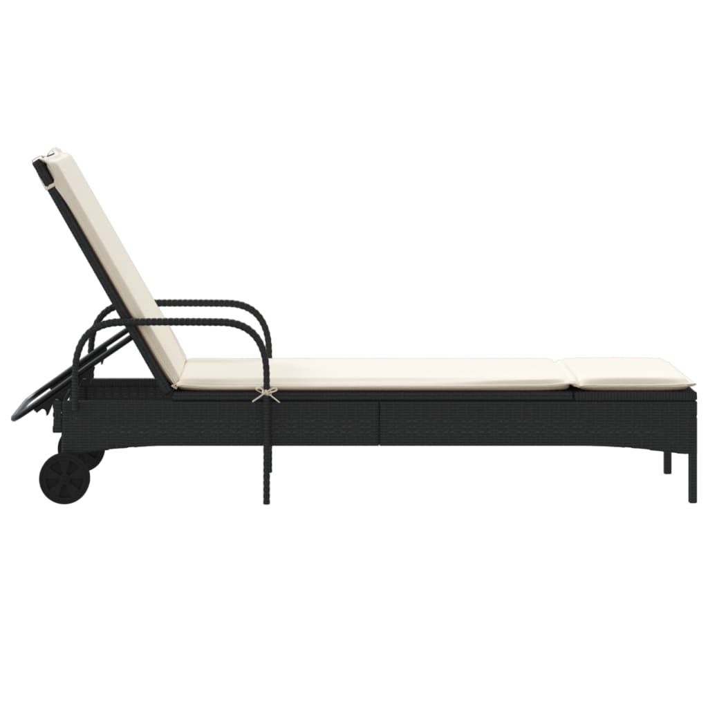 Lettino Prendisole con Ruote e Cuscino in Polyrattan Nero 368308