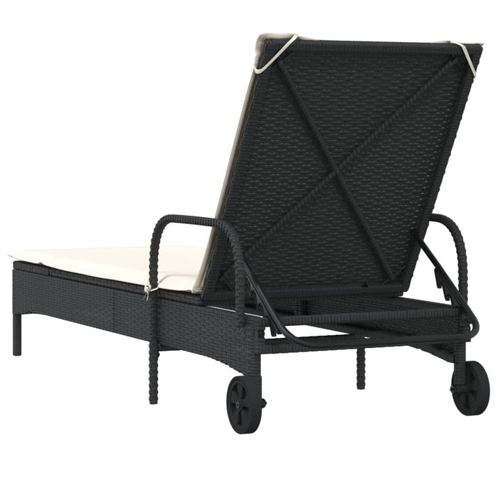 Lettino Prendisole con Ruote e Cuscino in Polyrattan Nero 368308