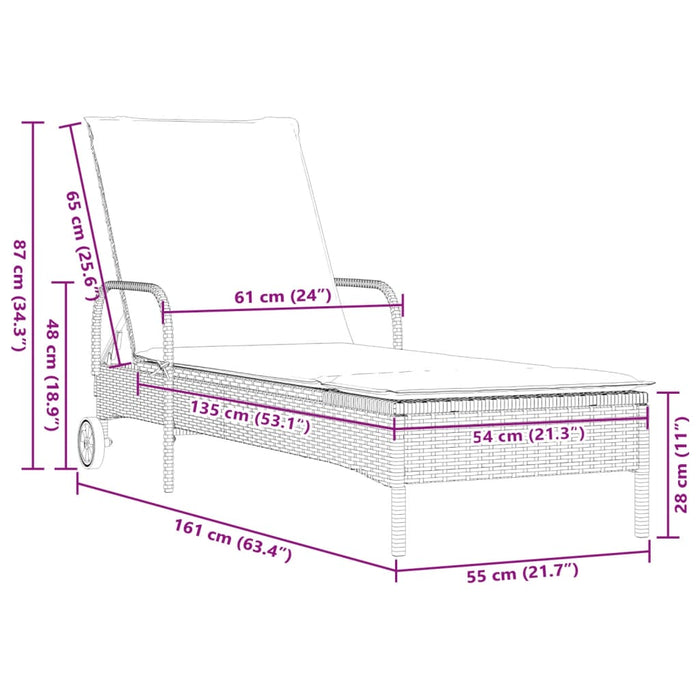 Lettino Prendisole con Ruote e Cuscino in Polyrattan Nero 368308