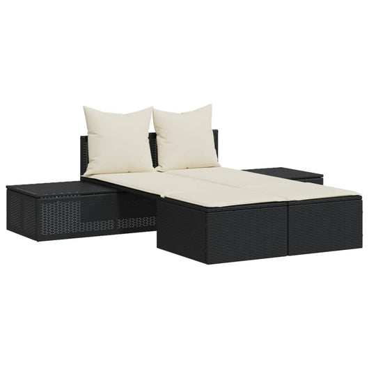 Lettino Prendisole Doppio con Cuscini Nero in Polyrattan 368389