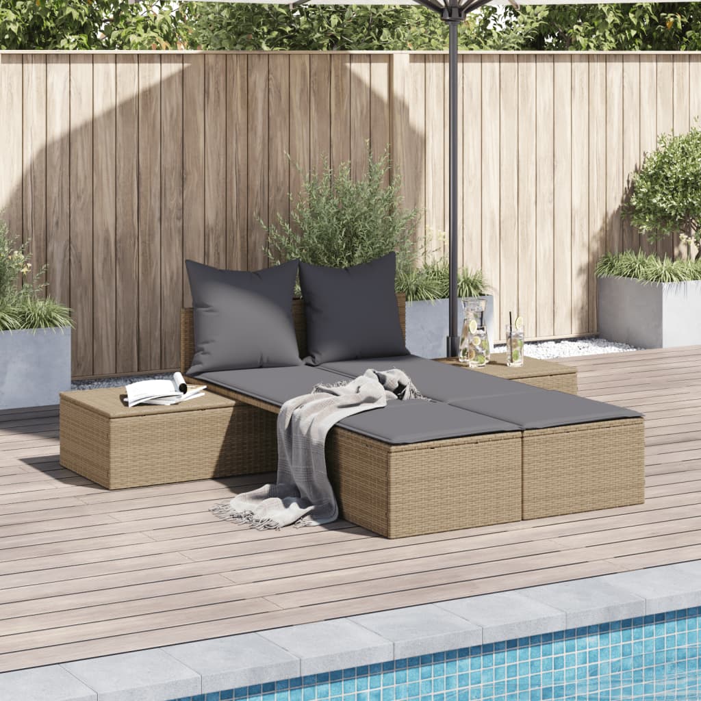 Lettino Prendisole con Cuscini Beige in Polyrattan 368392