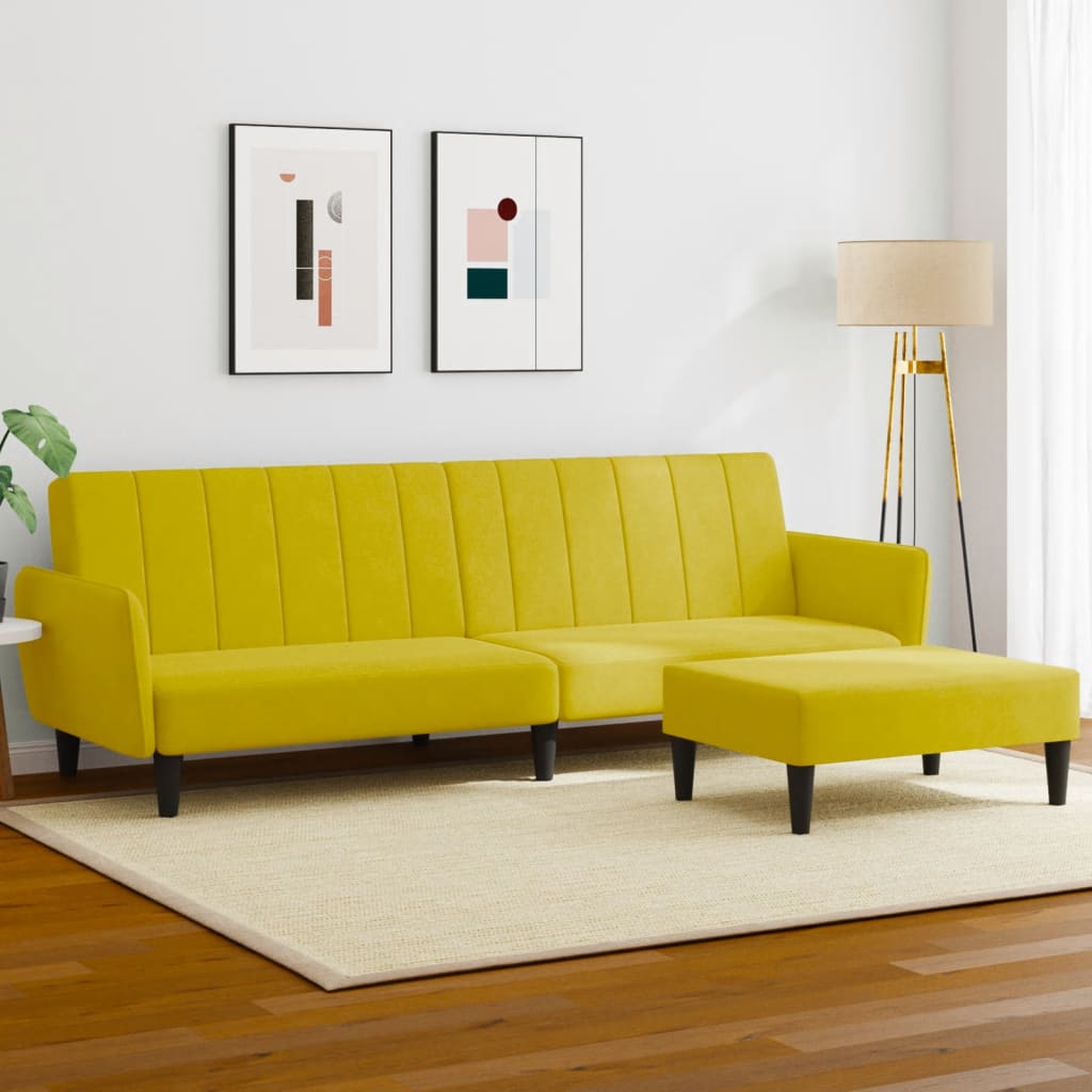 Divano Letto 2 Posti con Sgabello Giallo in Velluto 3216254