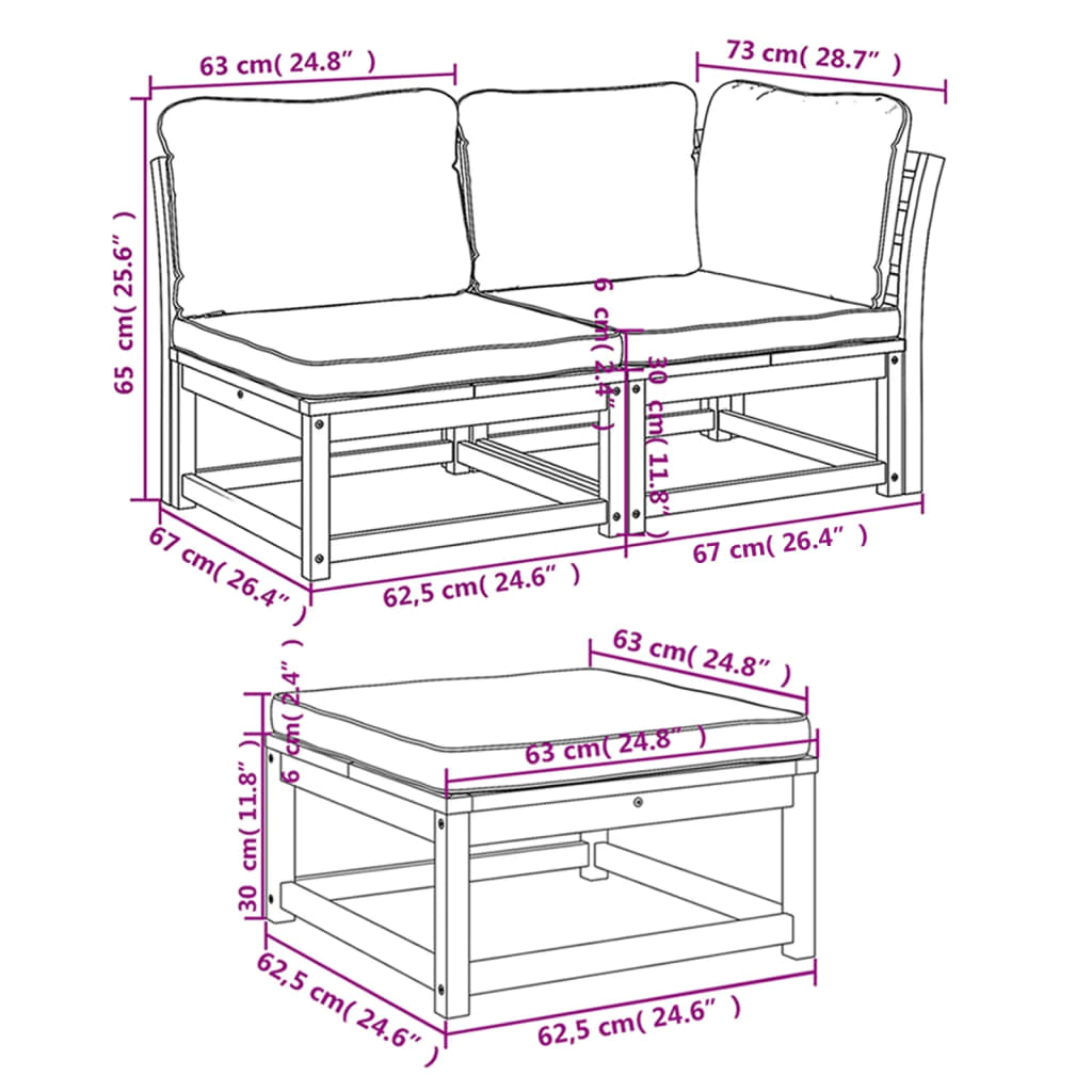 Set Mobili da Giardino 3pz con Cuscini Legno Massello di Acacia 3214304