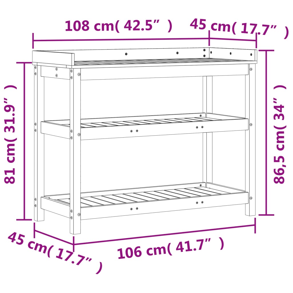 Tavolo Invaso con Ripiani 108x45x86,5 cm Legno Massello di Pino 832437