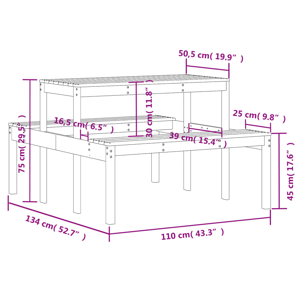 Tavolo da Picnic 110x134x75 cm in Legno Massello di Pino 832557