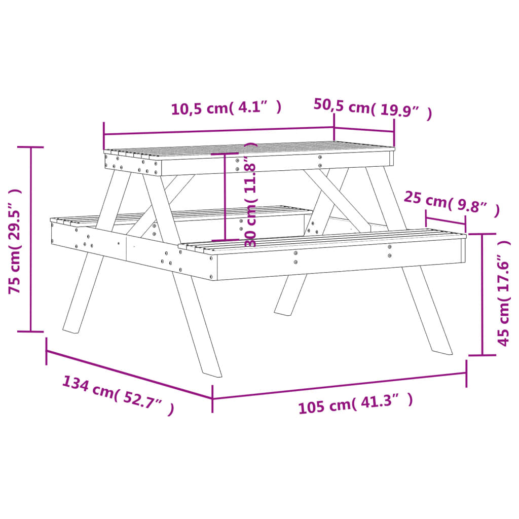 Tavolo da Picnic 105x134x75 cm in Legno Massello di Pino 832567