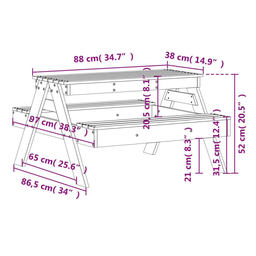 Tavolo da Picnic per Bambini 88x97x52 cm Legno Massello Douglas 832599