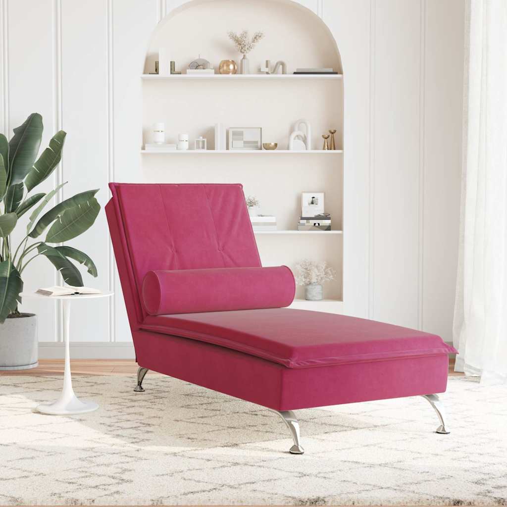 Chaise Longue Massaggi con Cuscino a Rullo Rosso Vino Velluto 379454