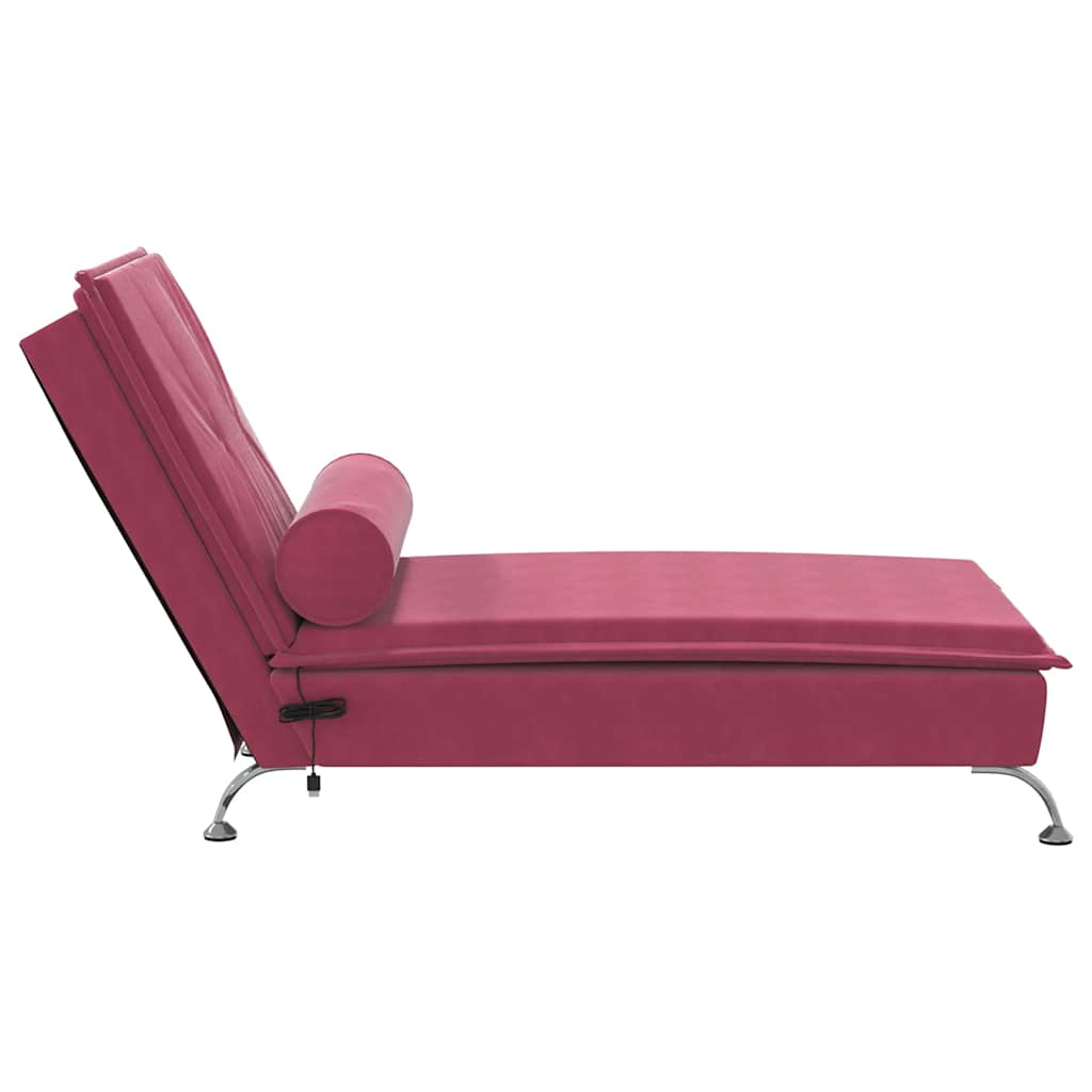 Chaise Longue Massaggi con Cuscino a Rullo Rosso Vino Velluto 379454