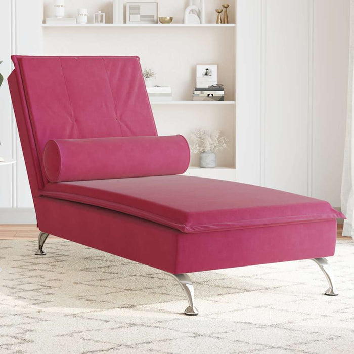 Chaise Longue Massaggi con Cuscino a Rullo Rosso Vino Velluto 379454