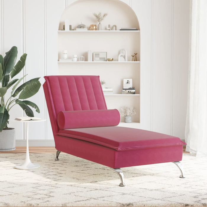 Chaise Longue Massaggi con Cuscino a Rullo Rosso Vino Velluto 379463