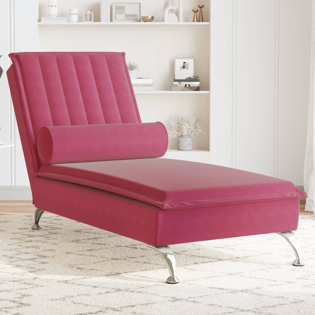 Chaise Longue Massaggi con Cuscino a Rullo Rosso Vino Velluto 379463