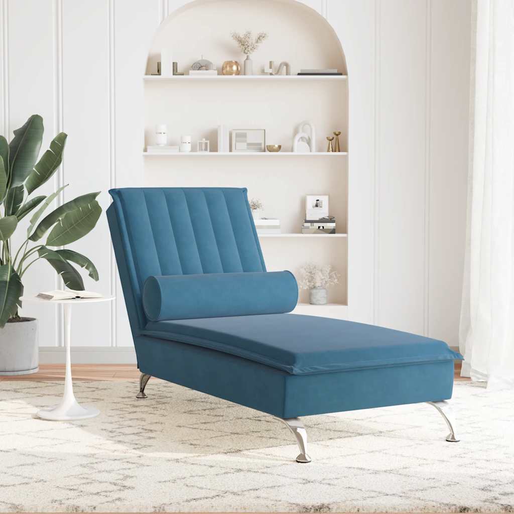 Chaise Longue Massaggi con Cuscino a Rullo Blu in Velluto 379467