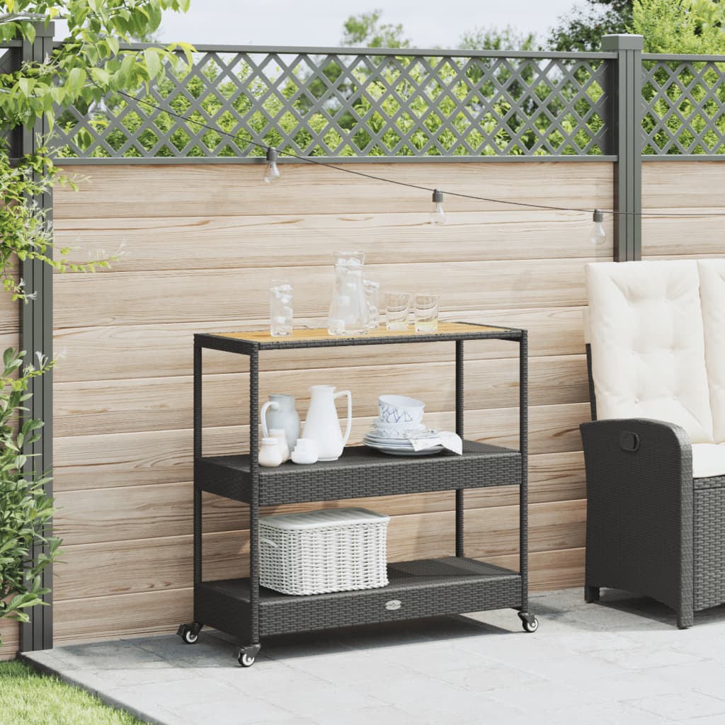 Carrello da Bar 3 Livelli Nero in Polyrattan e Legno Acaciacod mxl 117325