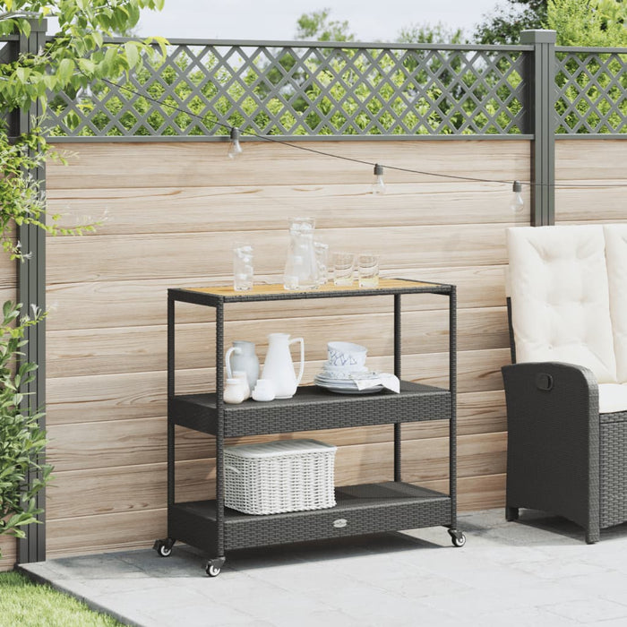 Carrello da Bar 3 Livelli Nero in Polyrattan e Legno Acacia 368723