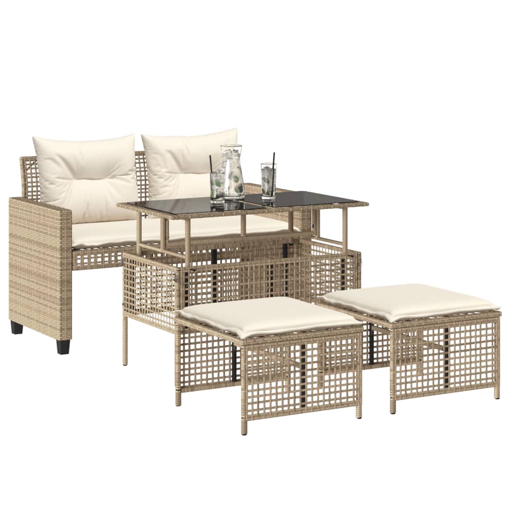 Set Divano da Giardino 4 pz con Cuscini Beige Polyrattan Vetro 368138