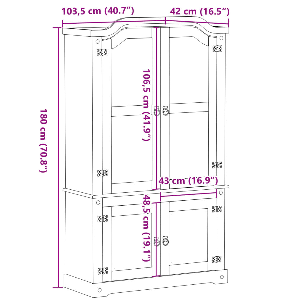 Vetrina Corona 103,5x42x180 cm in Legno Massello di Pino 4002777