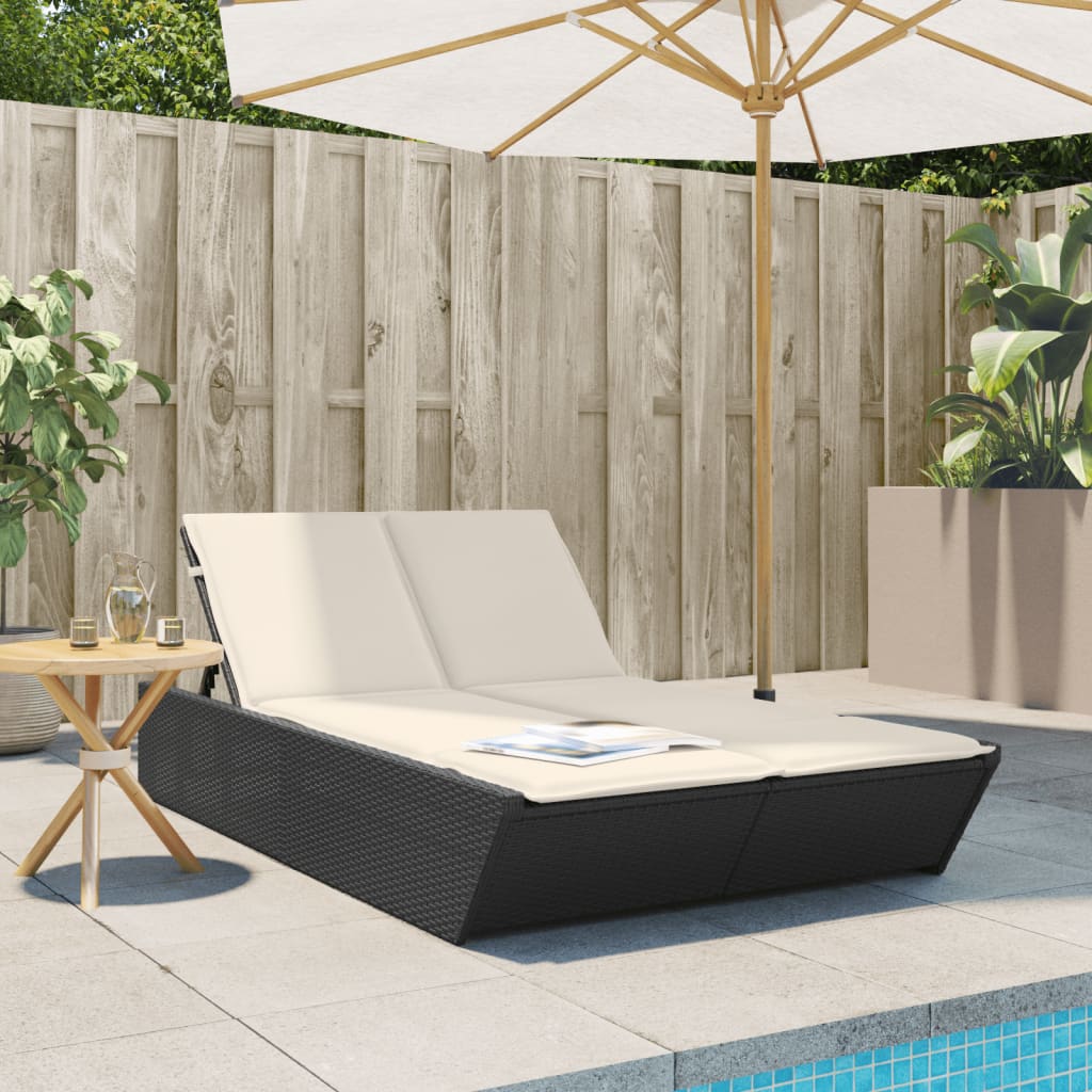 Lettino Prendisole Doppio con Cuscini Nero in Polyrattan 368179