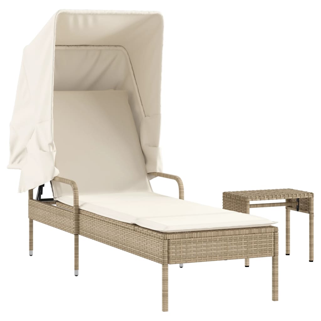 Lettino Prendisole con Baldacchino e Tavolino Beige Polyrattan 368201