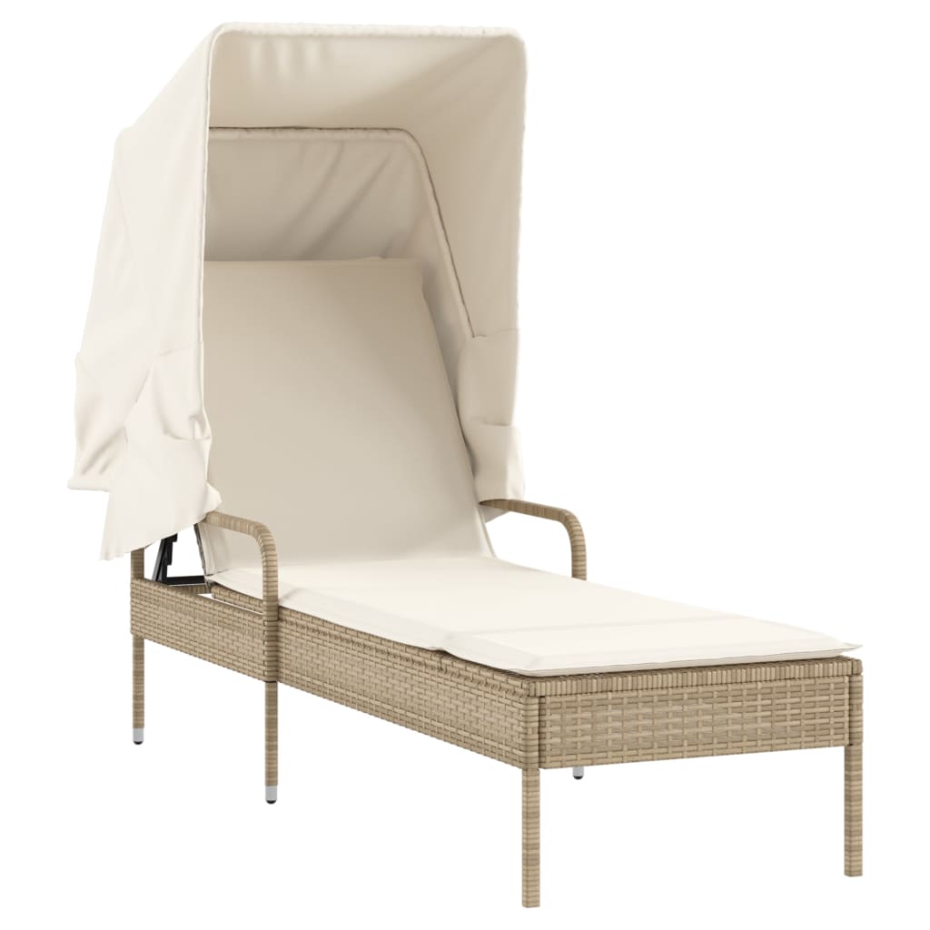 Lettino Prendisole con Baldacchino e Tavolino Beige Polyrattan 368201