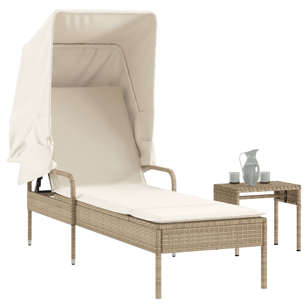 Lettino Prendisole con Baldacchino e Tavolino Beige Polyrattan 368201