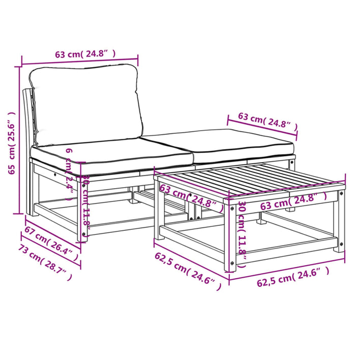 Set Mobili da Giardino 3pz con Cuscini Legno Massello di Acacia 366497