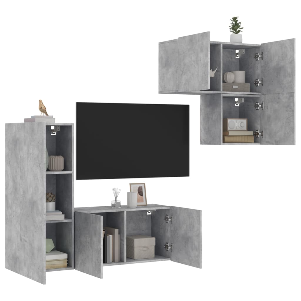 Mobili TV a Muro con LED 4pz Grigio Cemento Legno Multistrato 3216431