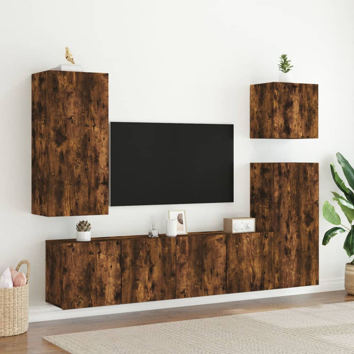 Mobili TV a Muro 5pz Rovere Fumo in Legno Multistrato 3216450