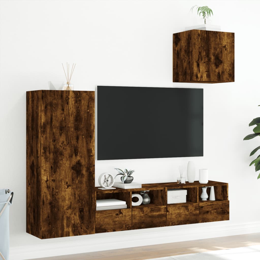 Mobili TV a Muro 4pz Rovere Fumo in Legno Multistrato 3216504