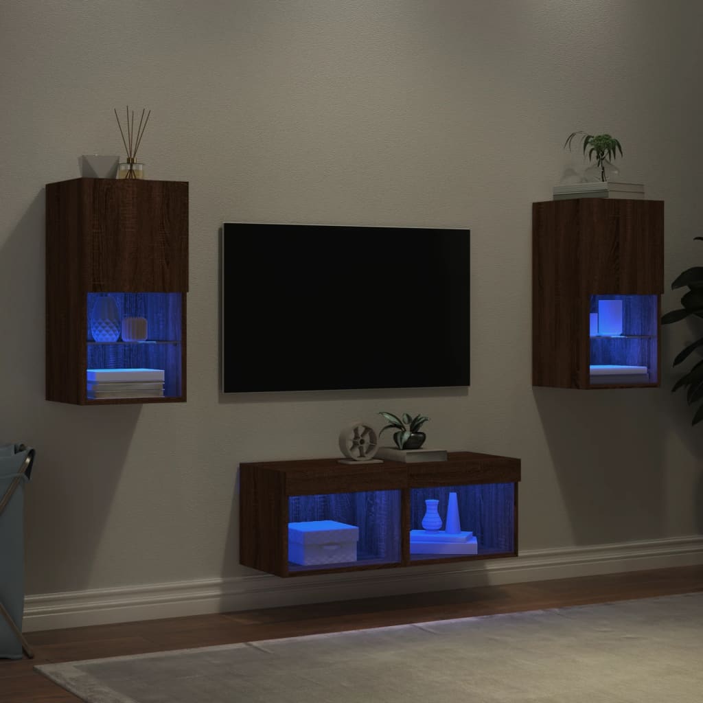 Mobili TV a Muro 4pz con Luci LED Rovere Marrone 3216575