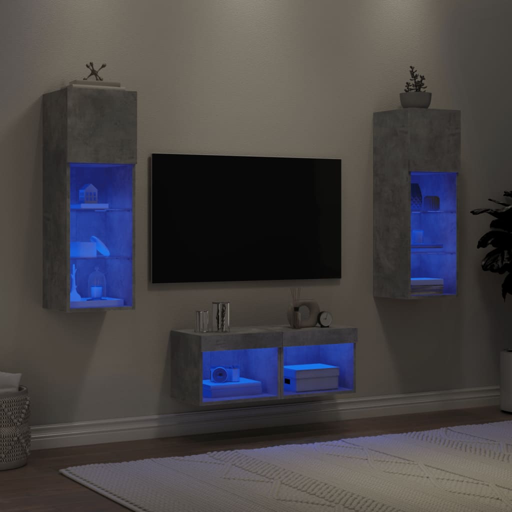 Mobili TV a Muro 4pz con Luci LED Grigio Cemento 3216579