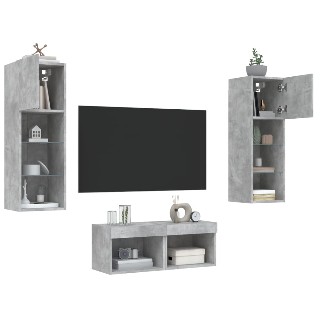 Mobili TV a Muro 4pz con Luci LED Grigio Cemento 3216579