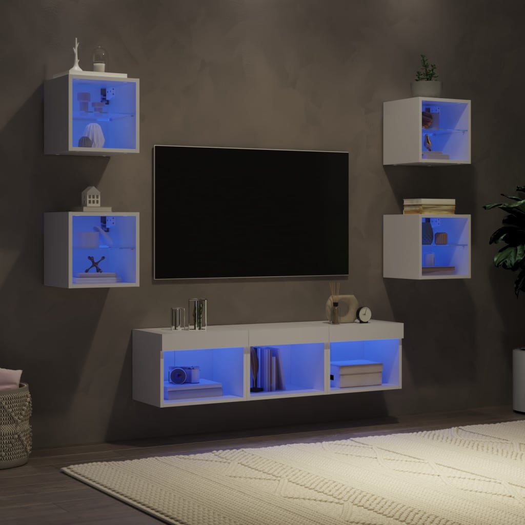 Mobili TV a Muro con LED 7pz Bianchi in Legno Multistrato 3216583