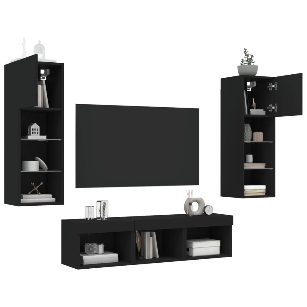 Mobili TV a Muro con LED 5pz Neri in Legno Multistrato 3216598