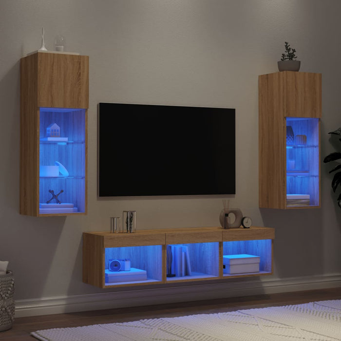 Mobili TV a Muro con LED 5pz Rovere Sonoma Legno Multistrato 3216599