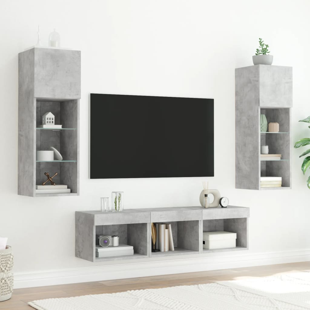 Mobili TV a Muro con LED 5pz Grigio Cemento Legno Multistratocod mxl 134240