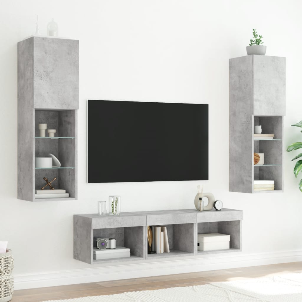 Mobili TV a Muro con LED 5pz Grigio Cemento Legno Multistrato 3216607