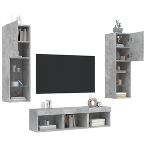 Mobili TV a Muro con LED 5pz Grigio Cemento Legno Multistrato 3216607