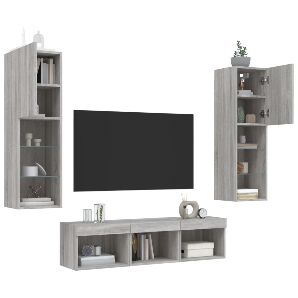 Mobili TV a Muro con LED 5pz Grigio Sonoma in Legno Multistrato 3216609