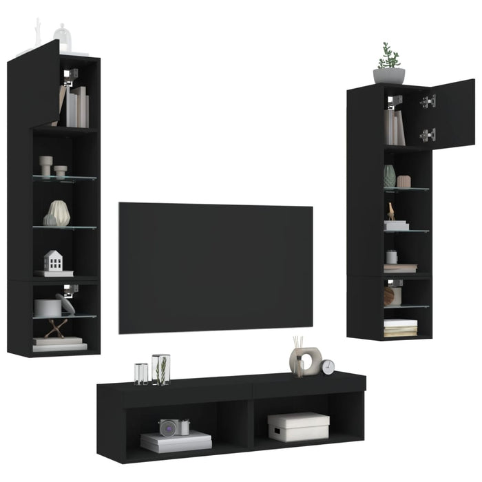 Mobili TV a Muro con LED 6pz Neri in Legno Multistrato 3216623