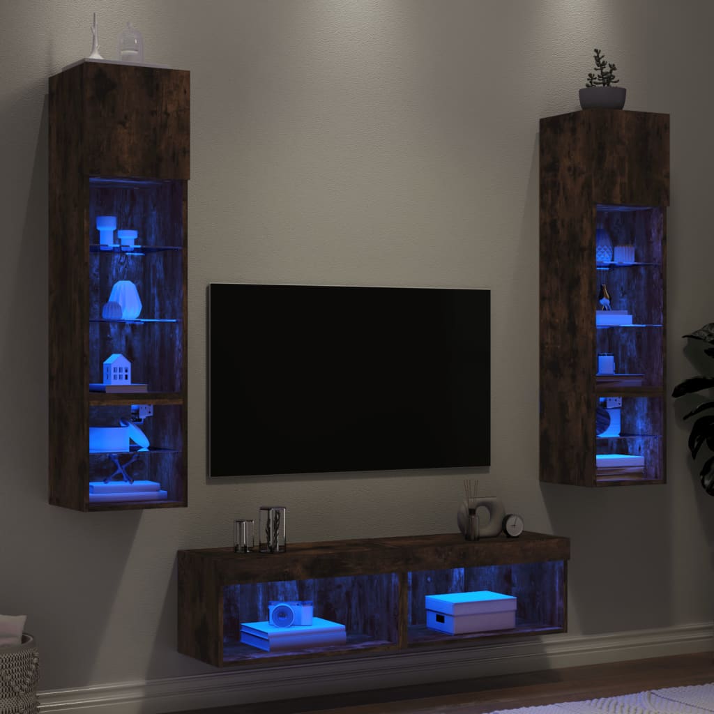 Mobili TV a Muro con LED 6pz Rovere Fumo in Legno Multistratocod mxl 110224